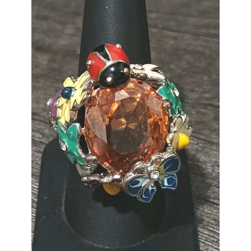 Faceted Amber Rhinestone Ladybug Butterfly Flower Enamel Silver Tone Ring Size 9